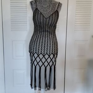 Blue Silk Cocktail Dress with Brown Faux-Leather